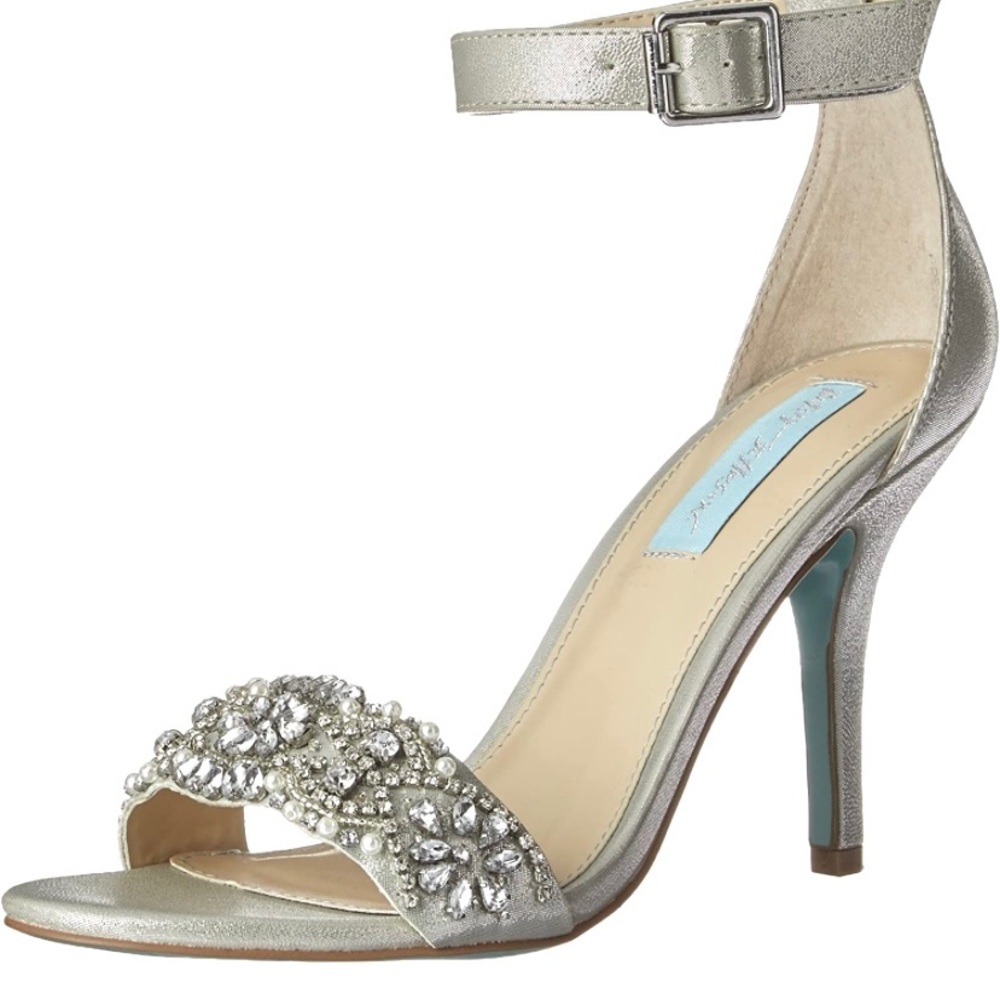 Betsey Johnson Sb-Gina silver crystal beaded embellished ankle strap high heels